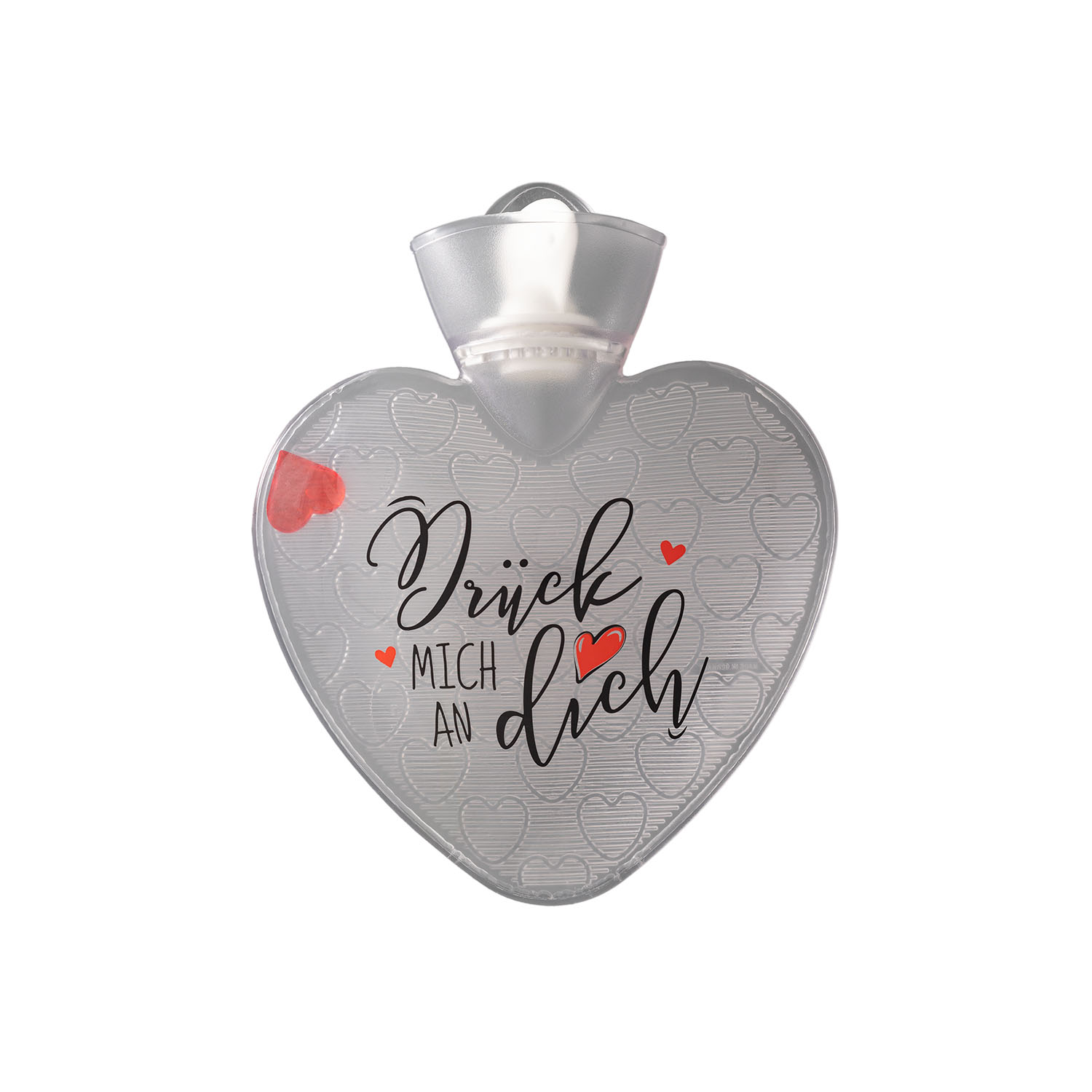 Wärmflasche Herz 1,0 l transparent mit Druck "Drück mich an Dich" und Herzeinlage