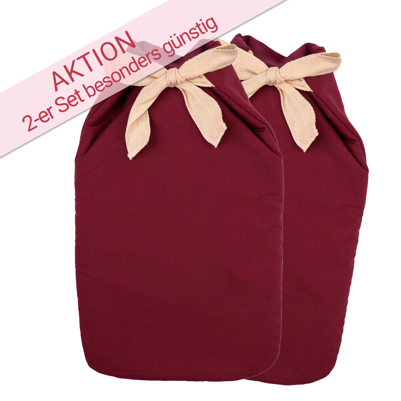 Set Wärmflasche Klassik Plant 1,8 l mit Baumwollbezug weinrot und Schleife, 2-teilig