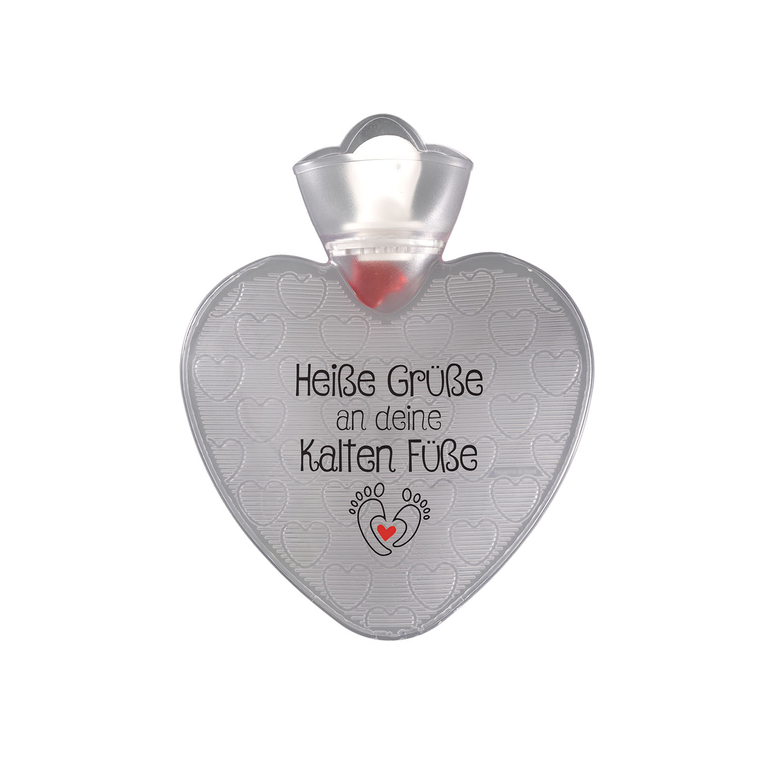 Wärmflasche Herz 1,0 l transparent mit Druck "Heiße Grüße an deine kalten Füße" und Herzeinlage