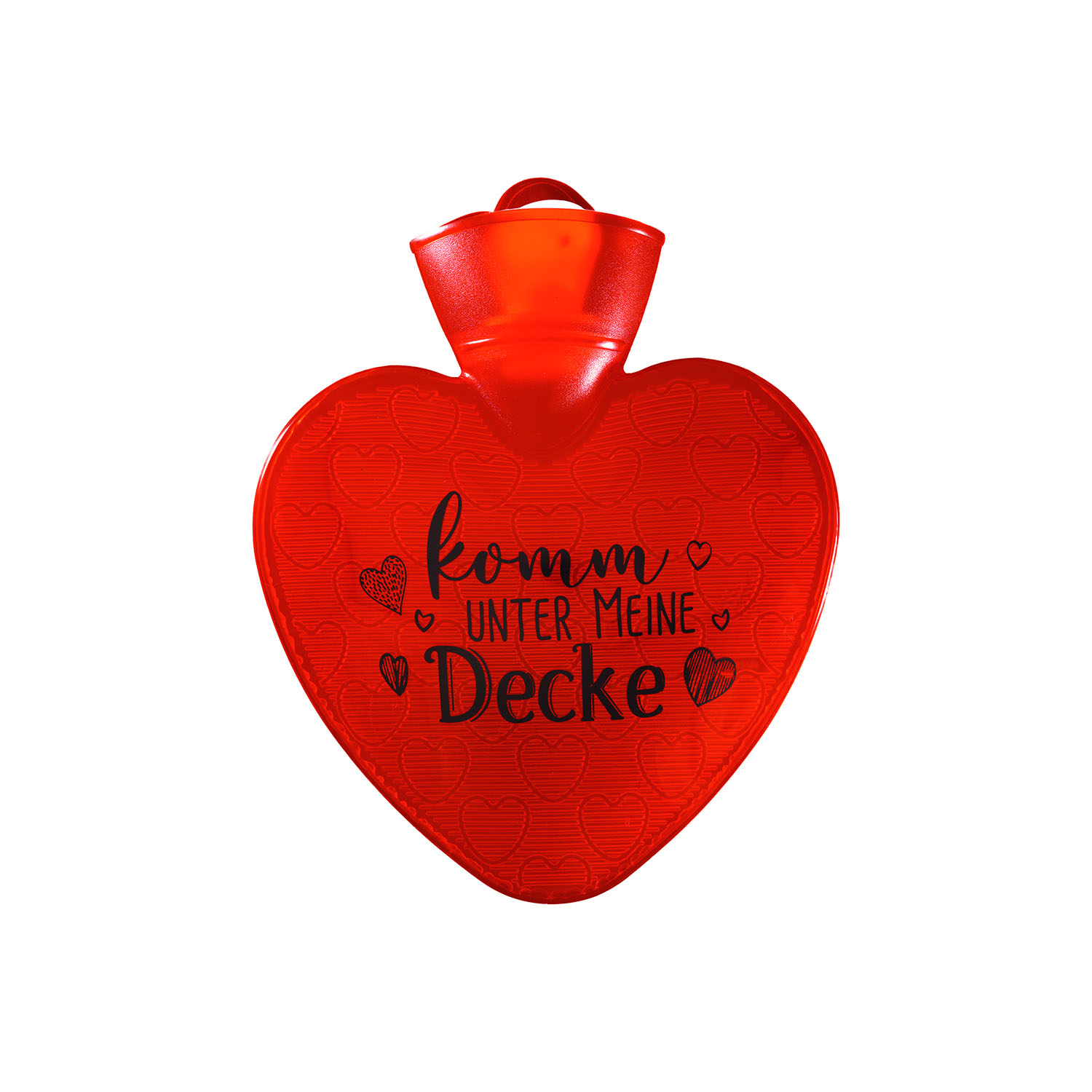 Wärmflasche Herz 1,0 l rot-transparent mit Druck "Komm unter meine Decke"