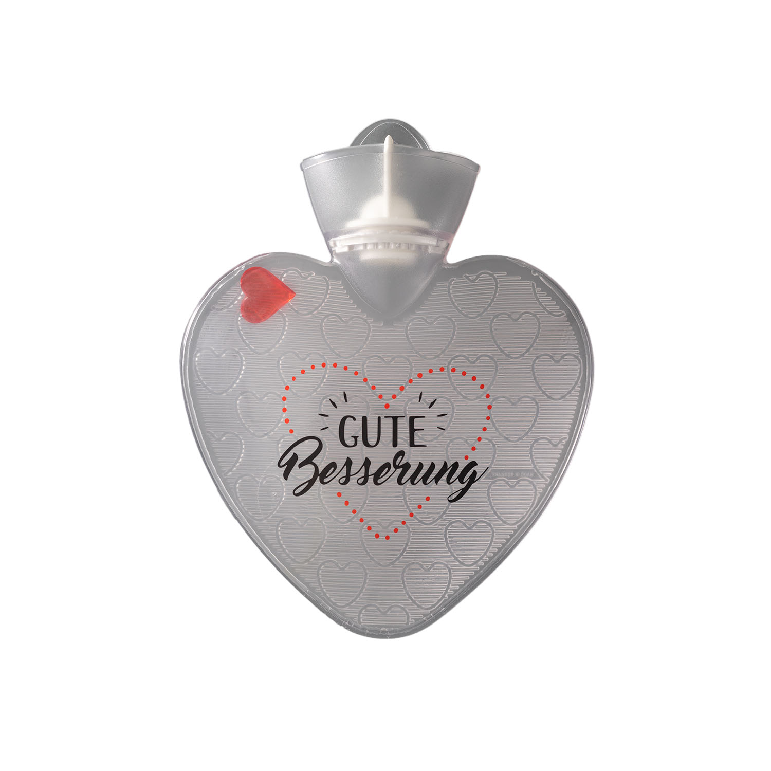 Wärmflasche Herz 1,0 l transparent mit Druck "Gute Besserung" und Herzeinlage