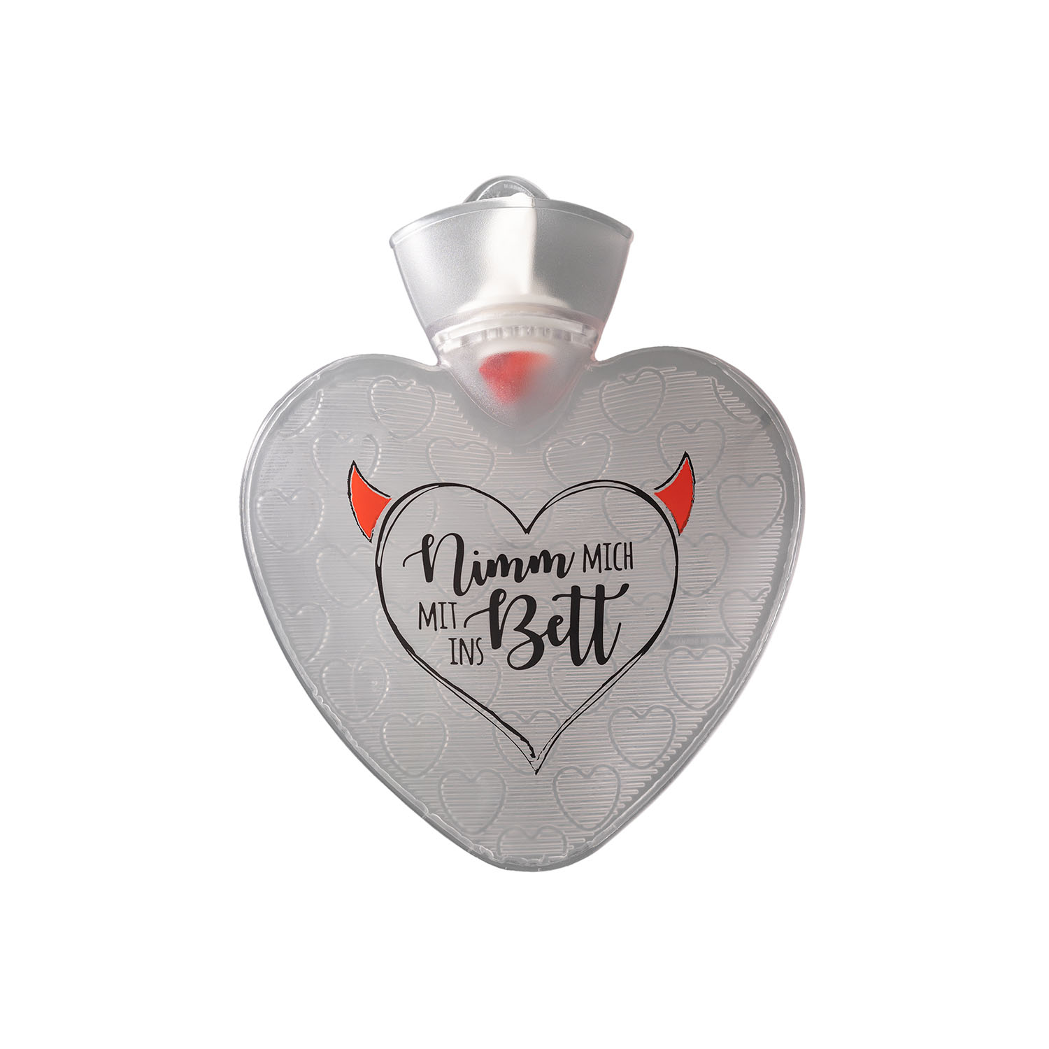 Wärmflasche Herz 1,0 l transparent mit Druck "Nimm mich mit ins Bett" und Herzeinlage
