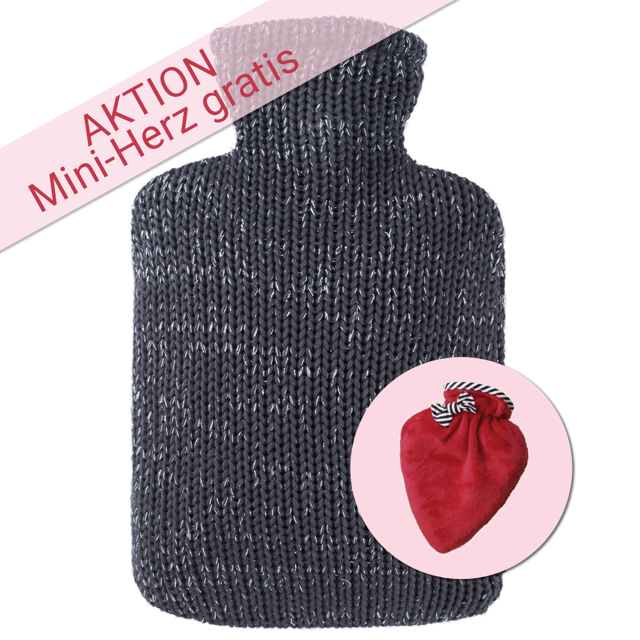 Wärmflasche Klassik 1,8 l mit Strickbezug Lurex anthrazit u. gratis Mini-Herz
