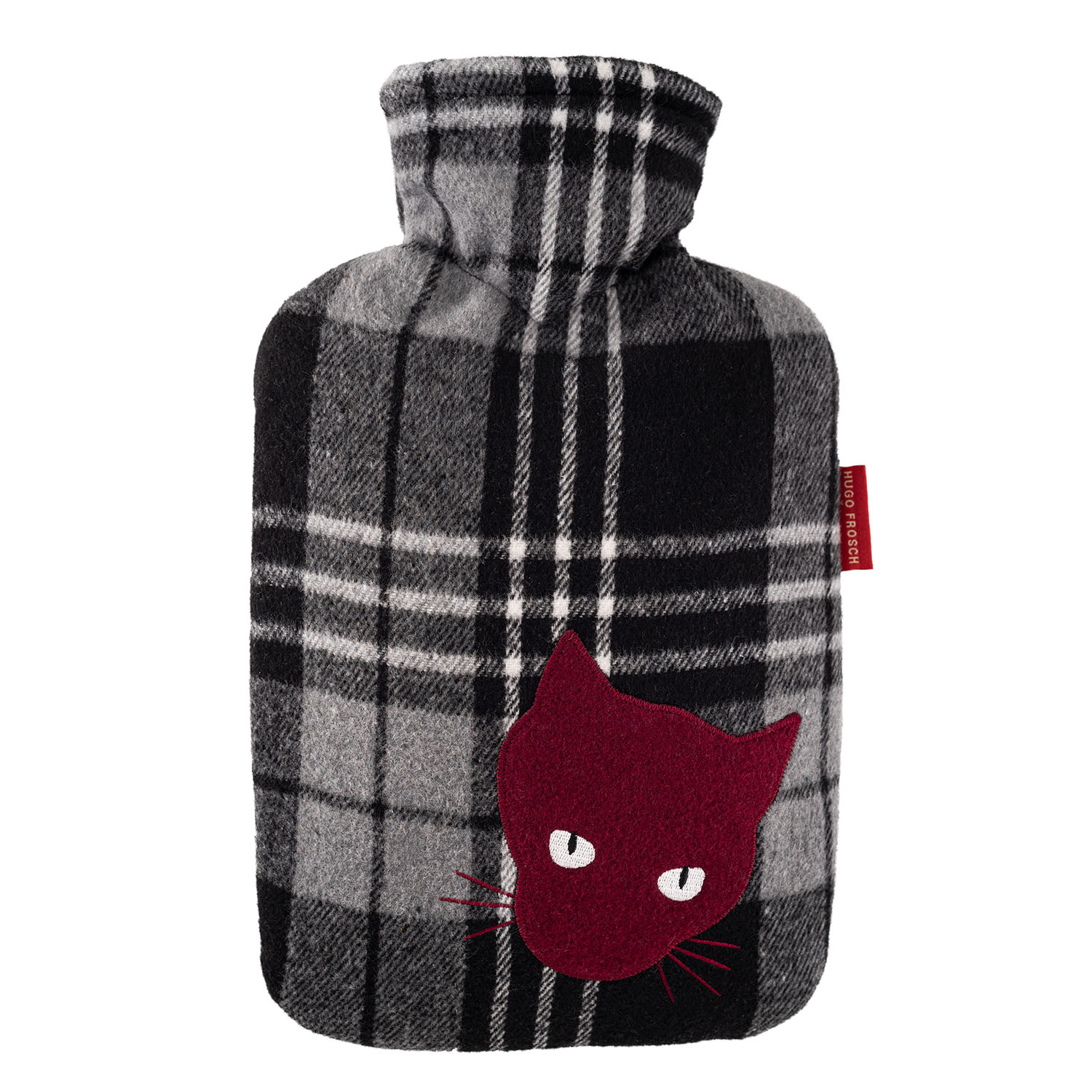 0675-hugo-frosch-waermflasche-klassik-filzoptik-karo-katze-1 Wärmflasche Klassik 1,8 l mit Flanellbezug im Karomuster