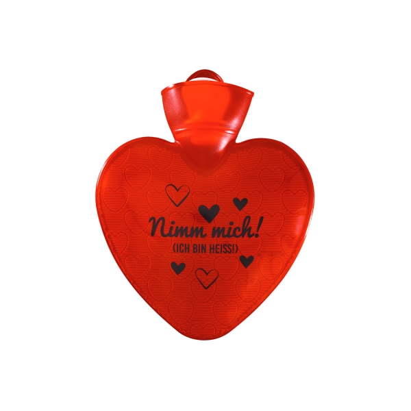Wärmflasche Herz 1,0 l rot-transparent mit Druck "Nimm mich ich bin heiß"