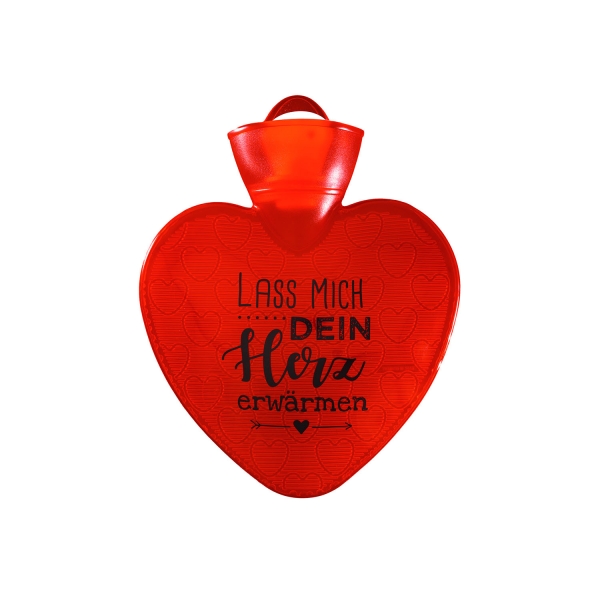 Wärmflasche Herz 1,0 l rot-transparent mit Druck "Lass mich dein Herz erwärmen"