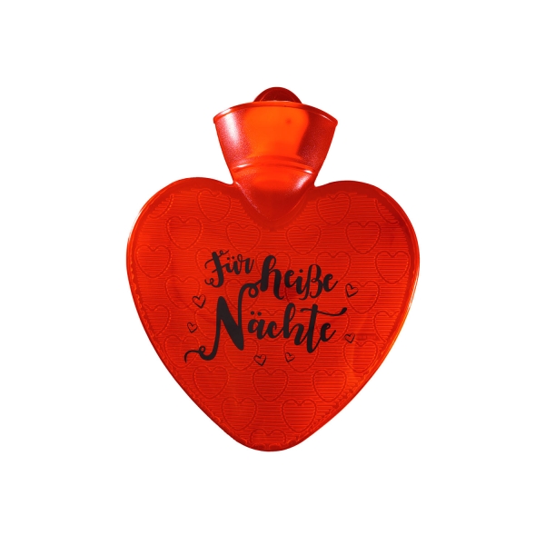 Wärmflasche Herz 1,0 l rot-transparent mit Druck "Für heiße Nächte"