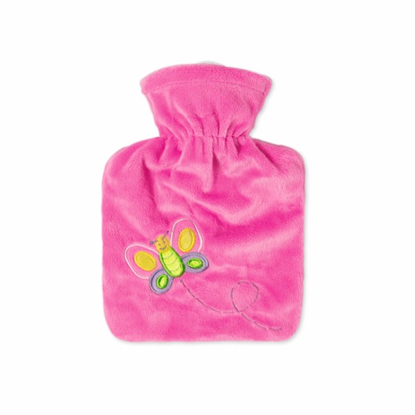 Kinder-Wärmflasche 0,6 l mit Nickiveloursbezug Schmetterling pink