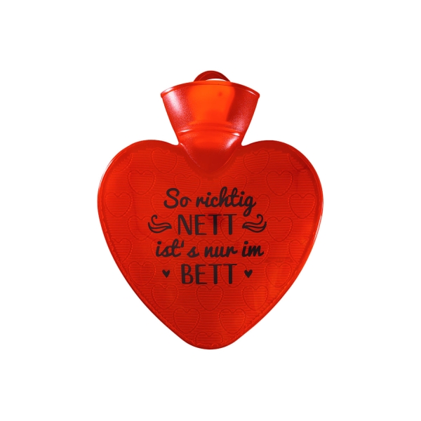 Wärmflasche Herz 1,0 l rot-transparent mit Druck "So richtig nett ist`s nur im Bett"