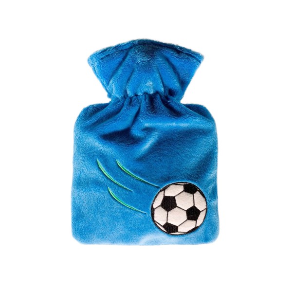 Kinder-Wärmflasche 0,6 l mit Nickiveloursbezug Fußball blau